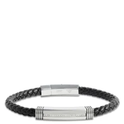 Leather, Steel & Diamond Bracelet, 8.5"