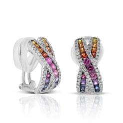 Rainbow Sapphire & Diamond Criss Cross Hoop Earrings 14K