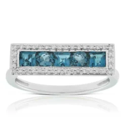 Blue Topaz & Diamond Rectangle Ring 14K