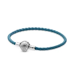Pandora Moments Seashell Clasp Turquoise Braided Leather Bracelet