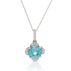 Blue Zircon & Diamond Flower Necklace14K