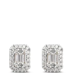 Baguette And Round Diamond Cluster Stud Earrings, 14K White Gold
