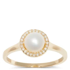 Freshwater Cultured Pearl Ring With Diamon Halo Setting, 14K Yellow Gold