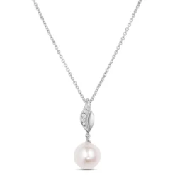 Wavy Cultured Pearl And Diamond Pendant Necklace, 14K White Gold