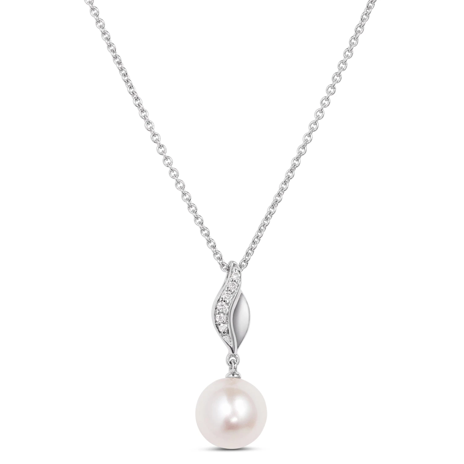 Wavy Cultured Pearl And Diamond Pendant Necklace, 14K White Gold