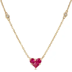 Ruby Heart Necklace With Round Diamonds, 14K Yellow Gold