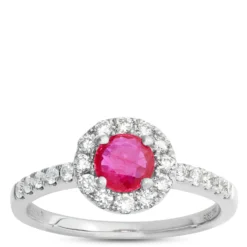 Round Cut Ruby Halo Ring, 14K White Gold