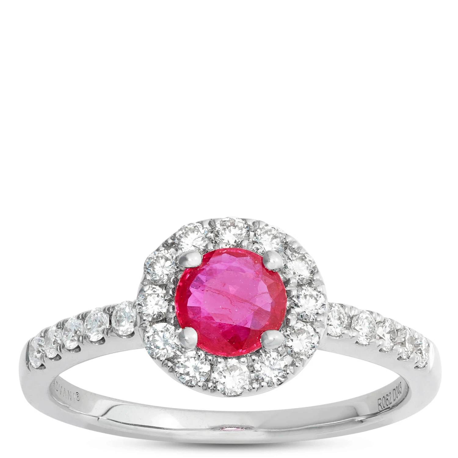 Round Cut Ruby Halo Ring, 14K White Gold 1 Round Cut Ruby Halo Ring, 14K White Gold