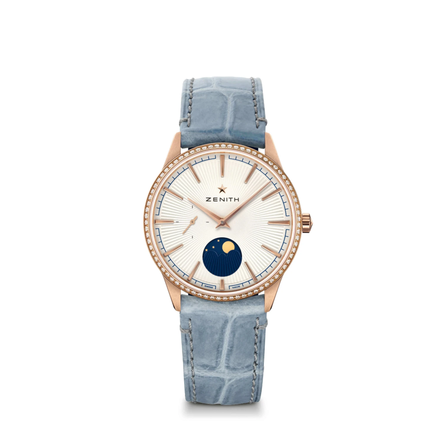 Zenith ELITE Moonphase Watch Silver-Tone Dial Blue Leather Strap, 36mm 1 Zenith ELITE Moonphase Watch Silver-Tone Dial Blue Leather Strap, 36mm