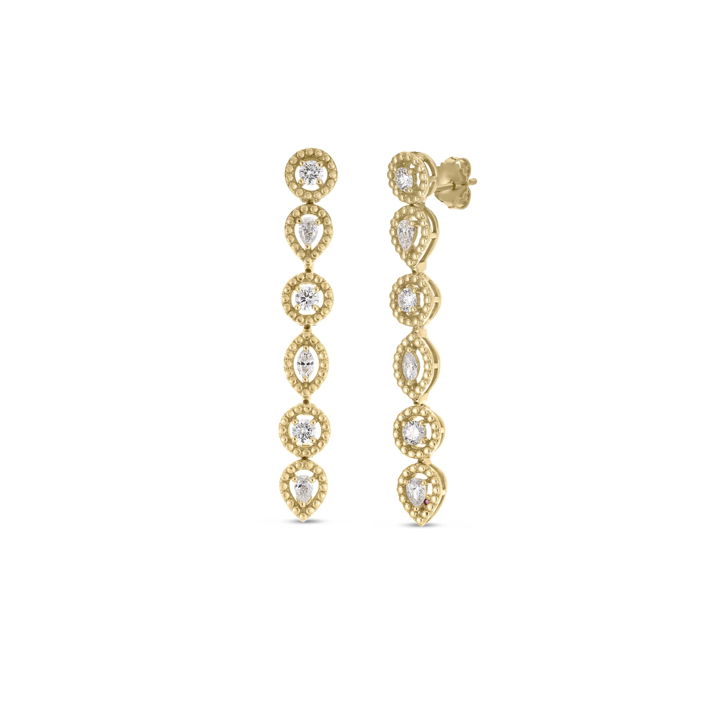 Roberto Coin Dolcetto Alternating Three Stone Diamond Dangle Earrings 18K Yellow Gold. 1 Roberto Coin Dolcetto Alternating Three Stone Diamond Dangle Earrings 18K Yellow Gold.