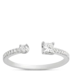 Open Center Princess And Round Diamond Ring, 14K White Gold