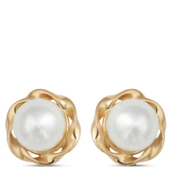 4mm Pearl Flower Shaped Studs, 14K Yellow Gold