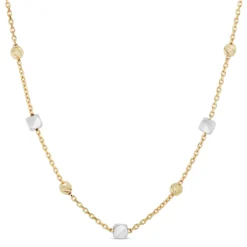 18-Inch Cube And Round Bead Station Necklace, 14K Yellow Gold