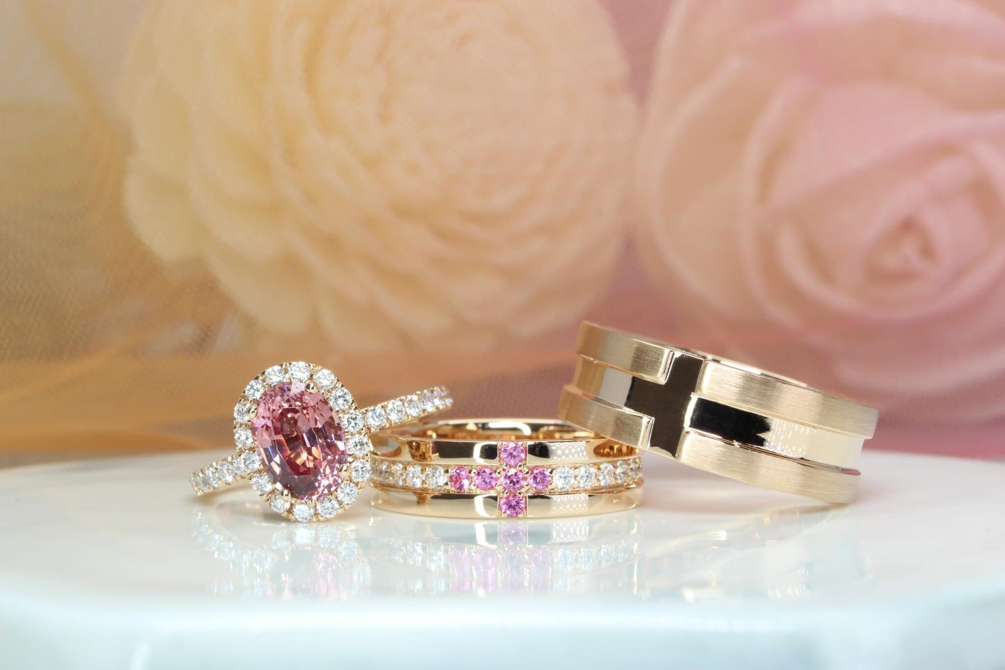 Luxe Glist Sales -Luxe Glist Sales Orange Pink Spinel Wedding Rings with Customised Wedding Bands